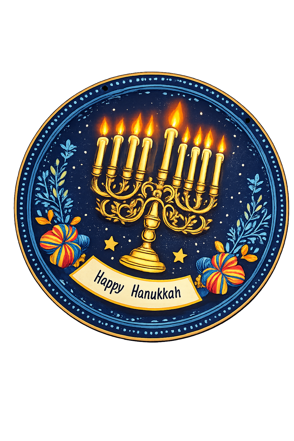Decoración Hanukkah con Menorá Encendida | Placa Decorativa “Happy Hanukkah” Estilo Artístico