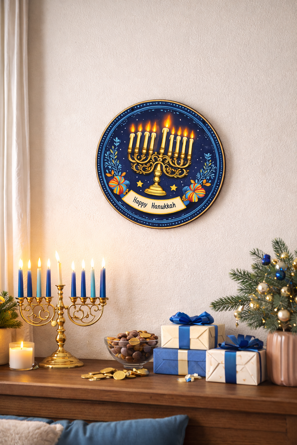 Decoración Hanukkah con Menorá Encendida | Placa Decorativa “Happy Hanukkah” Estilo Artístico